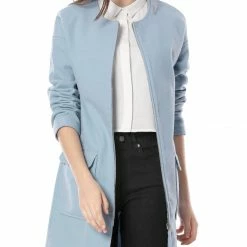 Allegra K Round Neck Zip Up Coat With Flap Pockets Women