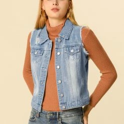 Allegra K Women Turn Down Collar Button Closure Denim Washed Vest