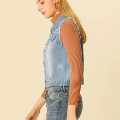 Allegra K Women Turn Down Collar Button Closure Denim Washed Vest