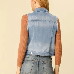 Allegra K Women Turn Down Collar Button Closure Denim Washed Vest