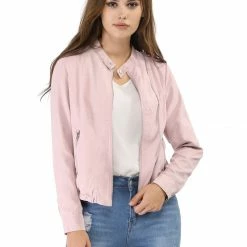 Women Allegra K Stand Collar Lightweight Biker Jacket