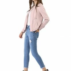 Women Allegra K Stand Collar Lightweight Biker Jacket