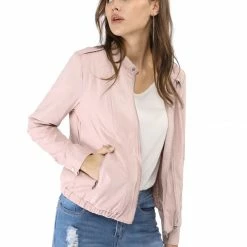 Women Allegra K Stand Collar Lightweight Biker Jacket