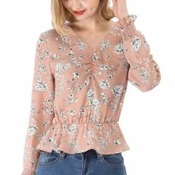 Allegra K Floral Ruched V Neck Smock Sleeve Peplum Blouse