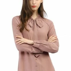 Allegra K Women‘s Bow Tie Neck Long Sleeve Casual Button Decor Shirt 57 Allegra K Women‘s Bow Tie Neck Long Sleeve Casual Button Decor Shirt