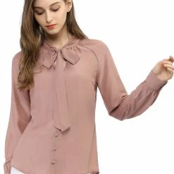 Allegra K Women‘s Bow Tie Neck Long Sleeve Casual Button Decor Shirt 58 Allegra K Women‘s Bow Tie Neck Long Sleeve Casual Button Decor Shirt