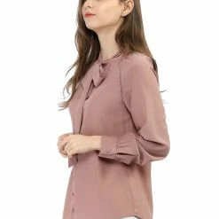 Allegra K Women‘s Bow Tie Neck Long Sleeve Casual Button Decor Shirt 59 Allegra K Women‘s Bow Tie Neck Long Sleeve Casual Button Decor Shirt