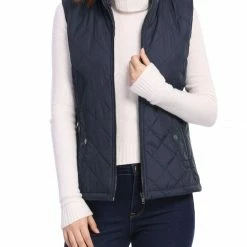 Allegra K Women's Front Zip Up Stand Collar Mock Pockets Quilted Padded Vest