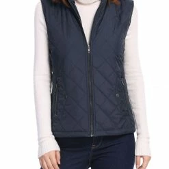 Allegra K Women's Front Zip Up Stand Collar Mock Pockets Quilted Padded Vest