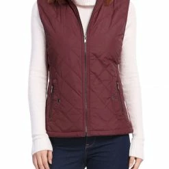 Allegra K Women's Front Zip Up Stand Collar Mock Pockets Quilted Padded Vest