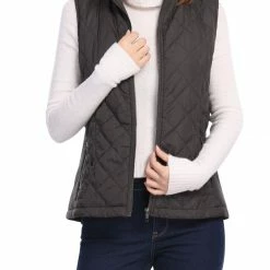 Allegra K Women's Front Zip Up Stand Collar Mock Pockets Quilted Padded Vest