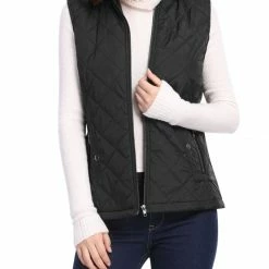 Allegra K Women's Front Zip Up Stand Collar Mock Pockets Quilted Padded Vest