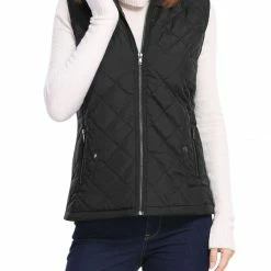 Allegra K Women's Front Zip Up Stand Collar Mock Pockets Quilted Padded Vest