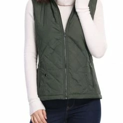Allegra K Women's Front Zip Up Stand Collar Mock Pockets Quilted Padded Vest