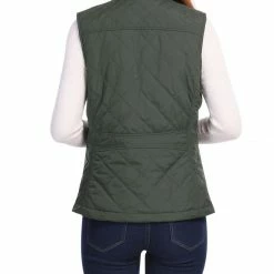 Allegra K Women's Front Zip Up Stand Collar Mock Pockets Quilted Padded Vest
