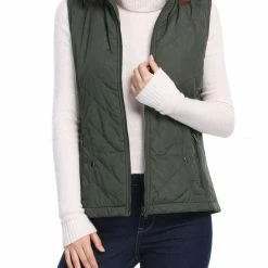 Allegra K Women's Front Zip Up Stand Collar Mock Pockets Quilted Padded Vest