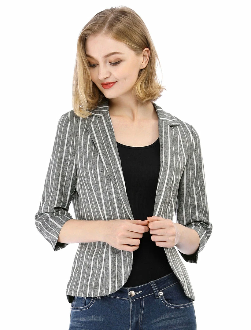 Allegra K Striped 3/4 Sleeves Open Front Notched Lapel Blazer Women 23 Allegra K Striped 3/4 Sleeves Open Front Notched Lapel Blazer Women