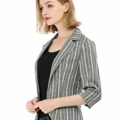 Allegra K Striped 3/4 Sleeves Open Front Notched Lapel Blazer Women 79 Allegra K Striped 3/4 Sleeves Open Front Notched Lapel Blazer Women