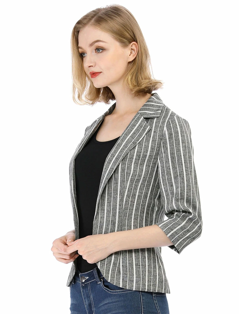 Allegra K Striped 3/4 Sleeves Open Front Notched Lapel Blazer Women 24 Allegra K Striped 3/4 Sleeves Open Front Notched Lapel Blazer Women