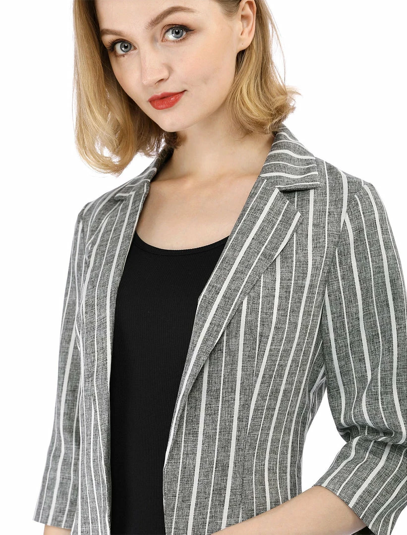 Allegra K Striped 3/4 Sleeves Open Front Notched Lapel Blazer Women 26 Allegra K Striped 3/4 Sleeves Open Front Notched Lapel Blazer Women