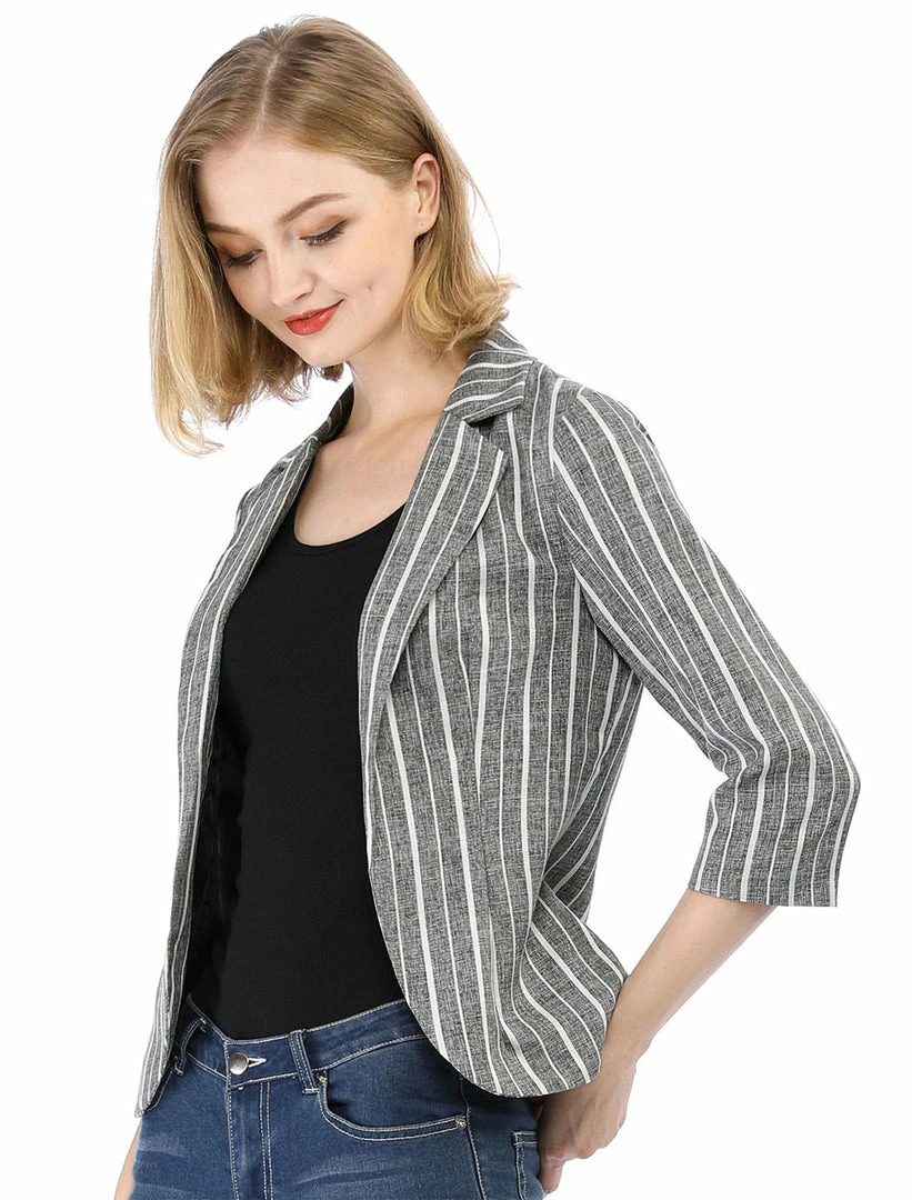 Allegra K Striped 3/4 Sleeves Open Front Notched Lapel Blazer Women 21 Allegra K Striped 3/4 Sleeves Open Front Notched Lapel Blazer Women