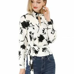 Allegra K Choker V Neck Tie Waist Floral Long Sleeves Tops