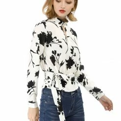 Allegra K Choker V Neck Tie Waist Floral Long Sleeves Tops