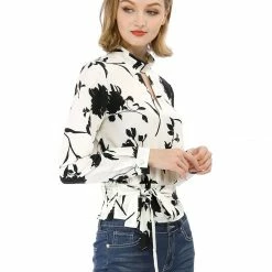 Allegra K Choker V Neck Tie Waist Floral Long Sleeves Tops