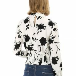 Allegra K Choker V Neck Tie Waist Floral Long Sleeves Tops