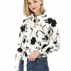 Allegra K Choker V Neck Tie Waist Floral Long Sleeves Tops