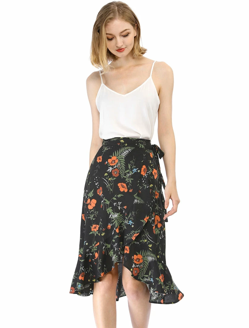 Allegra K Women Ruffle Skirt Tie Waist High Low Floral Wrap Skirt 24 Allegra K Women Ruffle Skirt Tie Waist High Low Floral Wrap Skirt