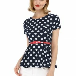 Allegra K Short Sleeves Contrast Belt Polka Dots Peplum Top Women