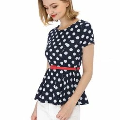 Allegra K Short Sleeves Contrast Belt Polka Dots Peplum Top Women