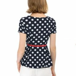 Allegra K Short Sleeves Contrast Belt Polka Dots Peplum Top Women
