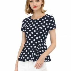 Allegra K Short Sleeves Contrast Belt Polka Dots Peplum Top Women