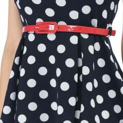 Allegra K Short Sleeves Contrast Belt Polka Dots Peplum Top Women