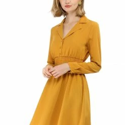 Allegra K Notched Lapel Buttons Smocked Waist Dress