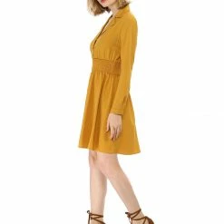 Allegra K Notched Lapel Buttons Smocked Waist Dress