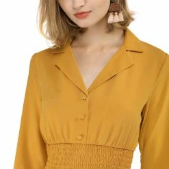 Allegra K Notched Lapel Buttons Smocked Waist Dress