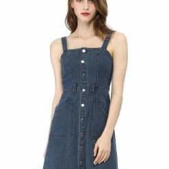 Women Allegra K Classic Adjustable Strap A-Line Overall Denim Dress 87 Women Allegra K Classic Adjustable Strap A-Line Overall Denim Dress