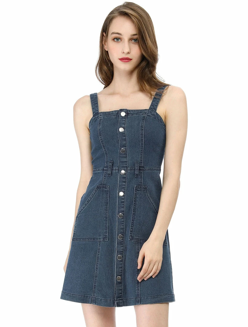 Women Allegra K Classic Adjustable Strap A-Line Overall Denim Dress 40 Women Allegra K Classic Adjustable Strap A-Line Overall Denim Dress