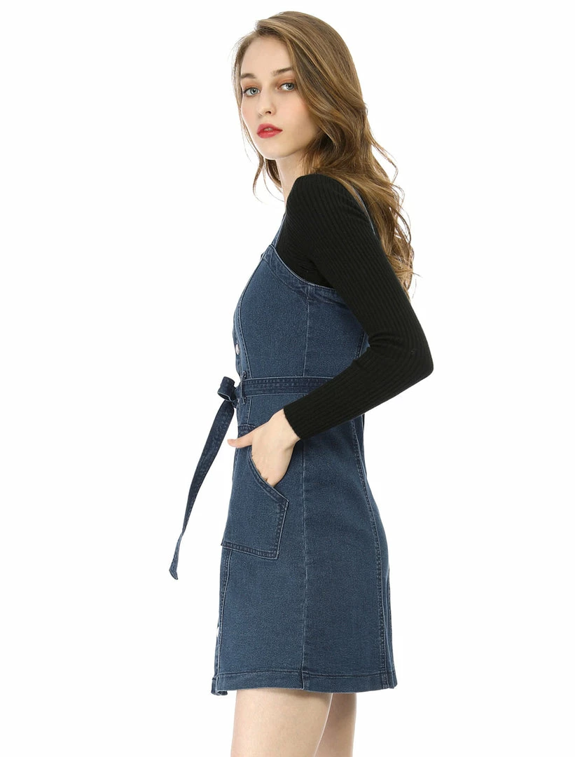 Women Allegra K Classic Adjustable Strap A-Line Overall Denim Dress 41 Women Allegra K Classic Adjustable Strap A-Line Overall Denim Dress