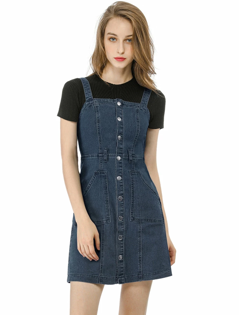 Women Allegra K Classic Adjustable Strap A-Line Overall Denim Dress 42 Women Allegra K Classic Adjustable Strap A-Line Overall Denim Dress