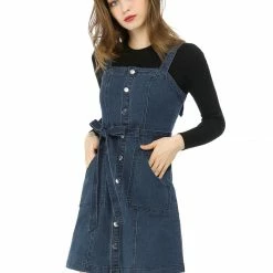 Women Allegra K Classic Adjustable Strap A-Line Overall Denim Dress 86 Women Allegra K Classic Adjustable Strap A-Line Overall Denim Dress