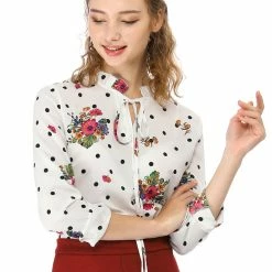 Allegra K Women's Tie Ruffled Neckline Polka Dots Long Sleeves Floral Blouse Tops