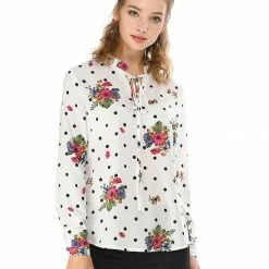 Allegra K Women's Tie Ruffled Neckline Polka Dots Long Sleeves Floral Blouse Tops