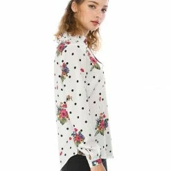 Allegra K Women's Tie Ruffled Neckline Polka Dots Long Sleeves Floral Blouse Tops