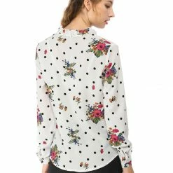 Allegra K Women's Tie Ruffled Neckline Polka Dots Long Sleeves Floral Blouse Tops