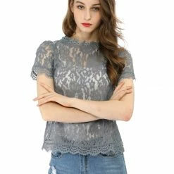 Women Allegra K Scalloped Trim Short Shirred Sleeves Sheer Floral Lace Top