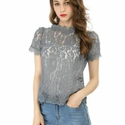 Women Allegra K Scalloped Trim Short Shirred Sleeves Sheer Floral Lace Top